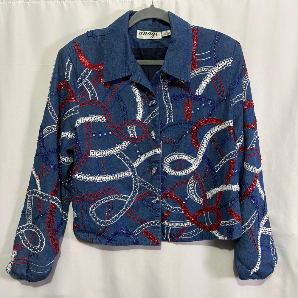 Vintage Anage Womens Beaded Sequin Denim Jacket Blue Red White Art Cotton L